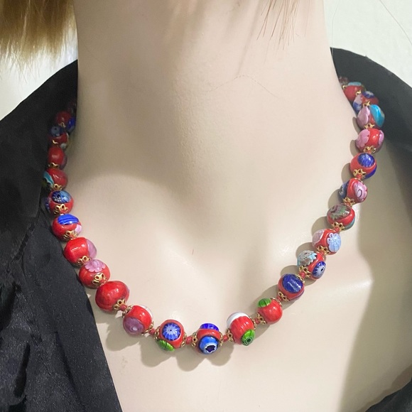 Vintage Red Multi Millefiori Venetian Murano Glass Beads Knotted 16” Necklace - Picture 5 of 16